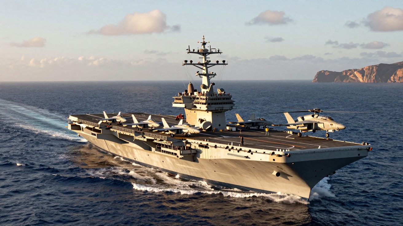 Lotniskowiec wojskowy płynący po morzu, na pokładzie kilka samolotów i helikopterów.