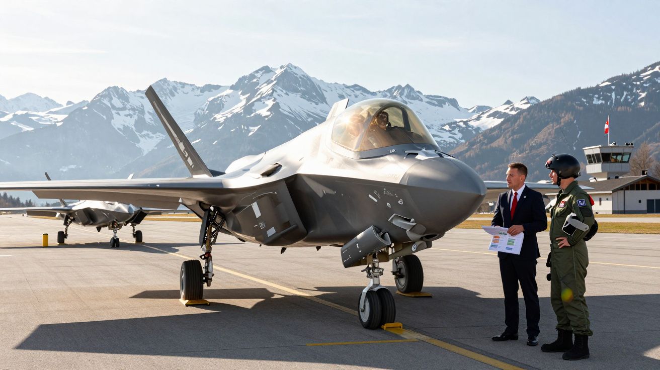 Myśliwiec F-35 na lotnisku z dwoma mężczyznami w mundurze i garniturze, w tle ośnieżone góry.