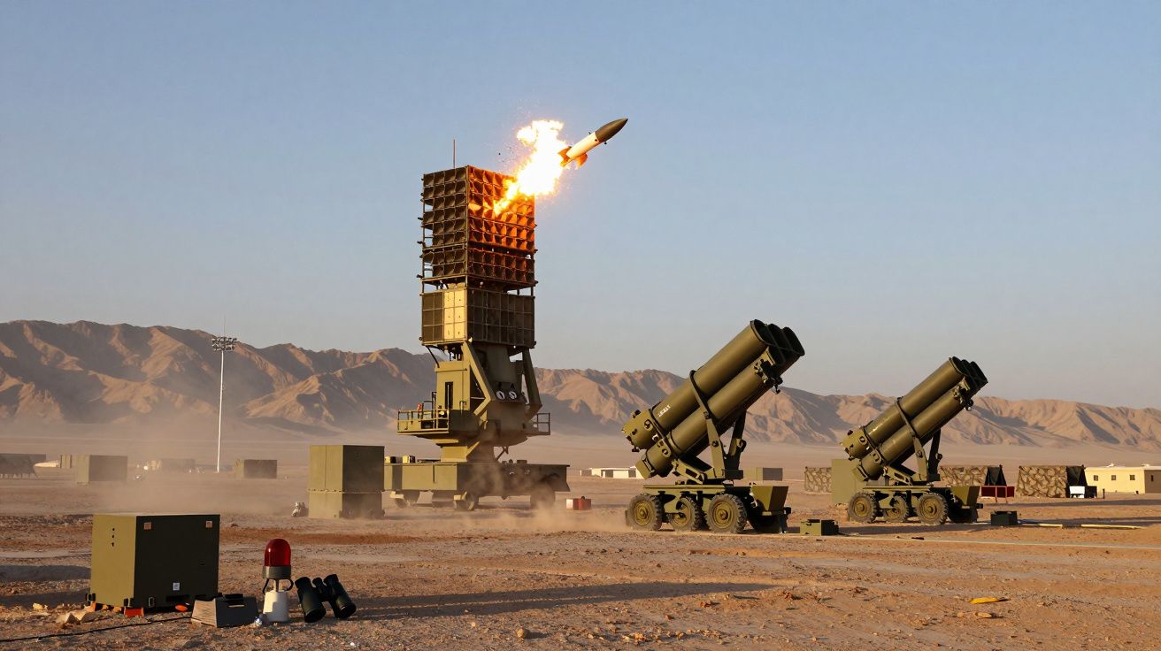 System obrony przeciwlotniczej wystrzeliwujący rakietę na pustynnym poligonie wojskowym.