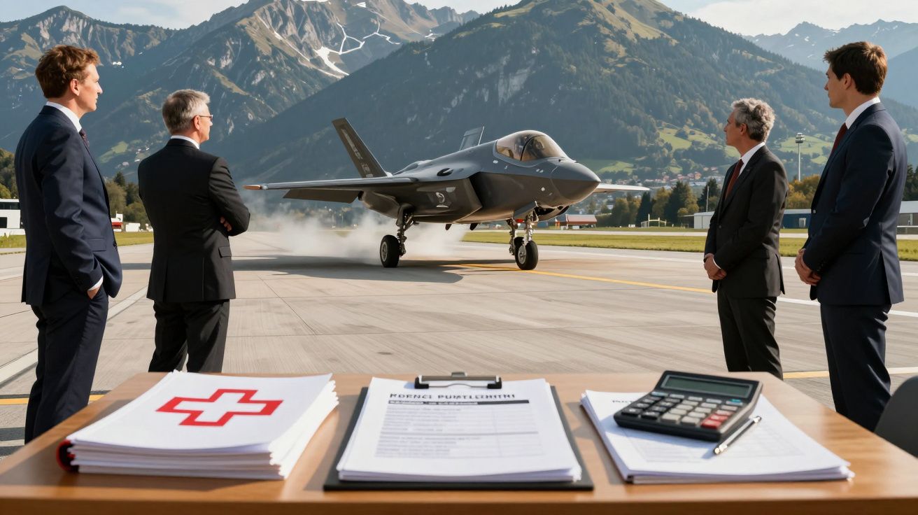 Czterech mężczyzn w garniturach obserwuje myśliwiec F-35 na pasie startowym w górach, obok biurko z dokumentami.