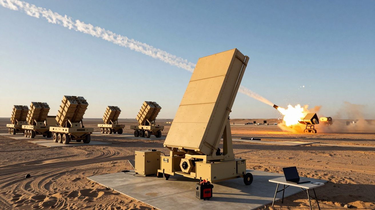 Mobilne wyrzutnie rakiet przeciwlotniczych na pustyni podczas wystrzału rakiety w niebo.