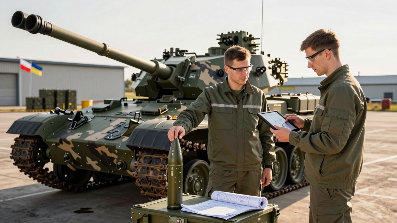 Dwa mężczyźni w mundurach wojskowych przy czołgu, sprawdzający dokumenty i amunicję na placu wojskowym.