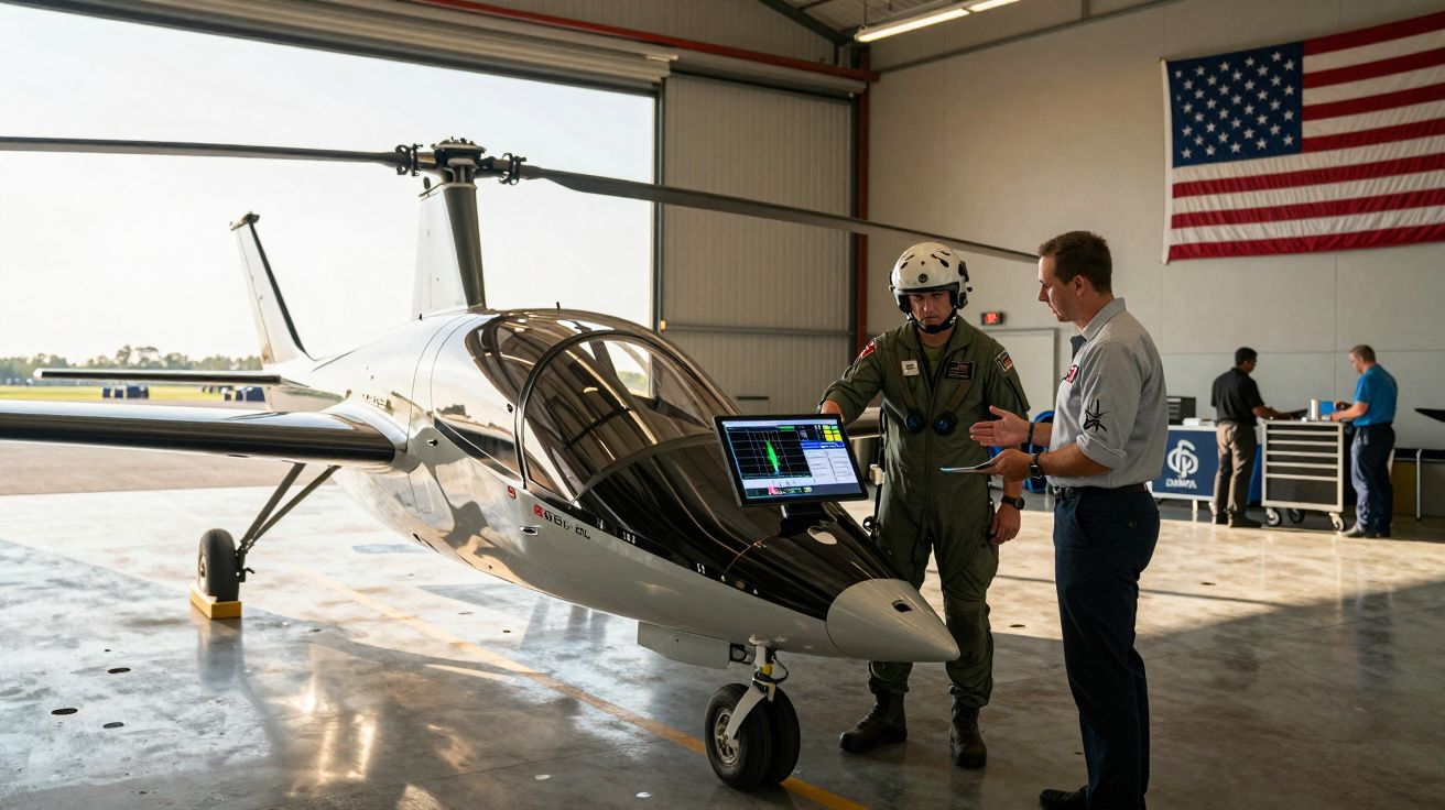 Dwaj mężczyźni rozmawiają przy małym śmigłowcu w hangarze z amerykańską flagą w tle.