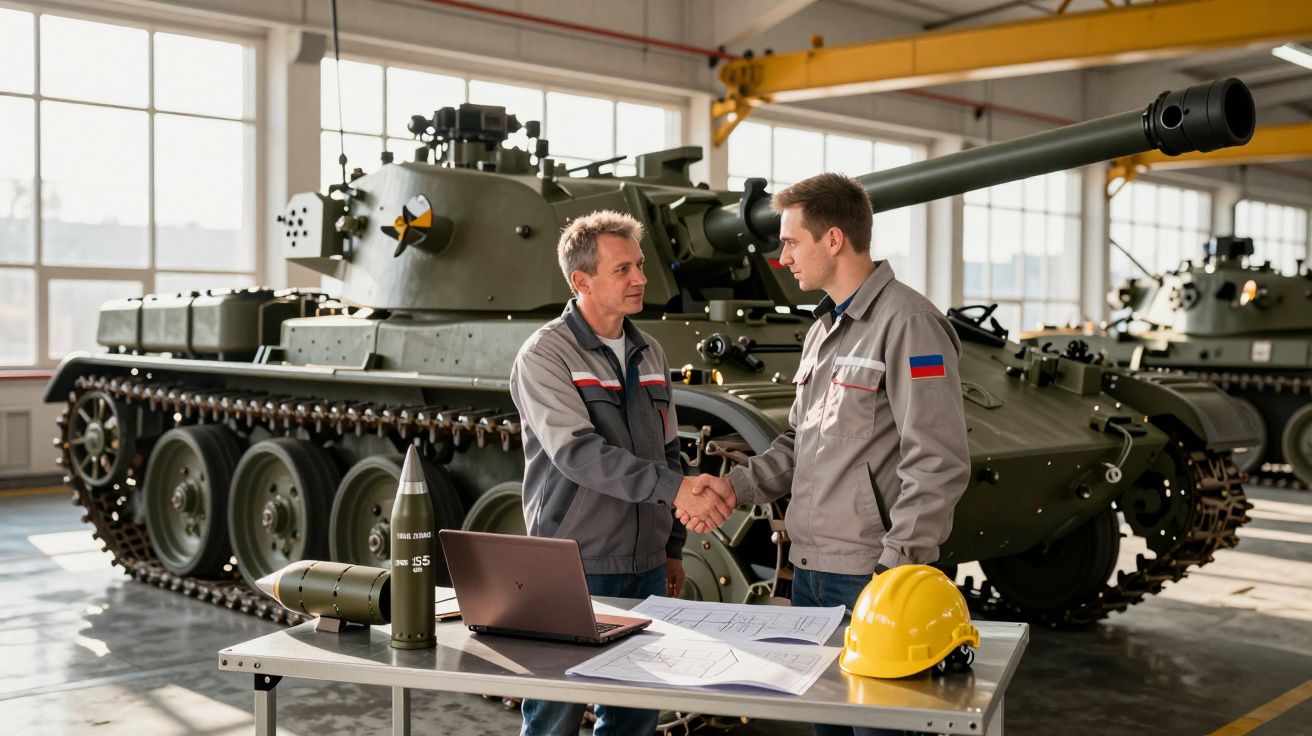 Dwóch mężczyzn w ubraniach roboczych ściska dłonie przy stole z planami i laptopem, obok czołgu.