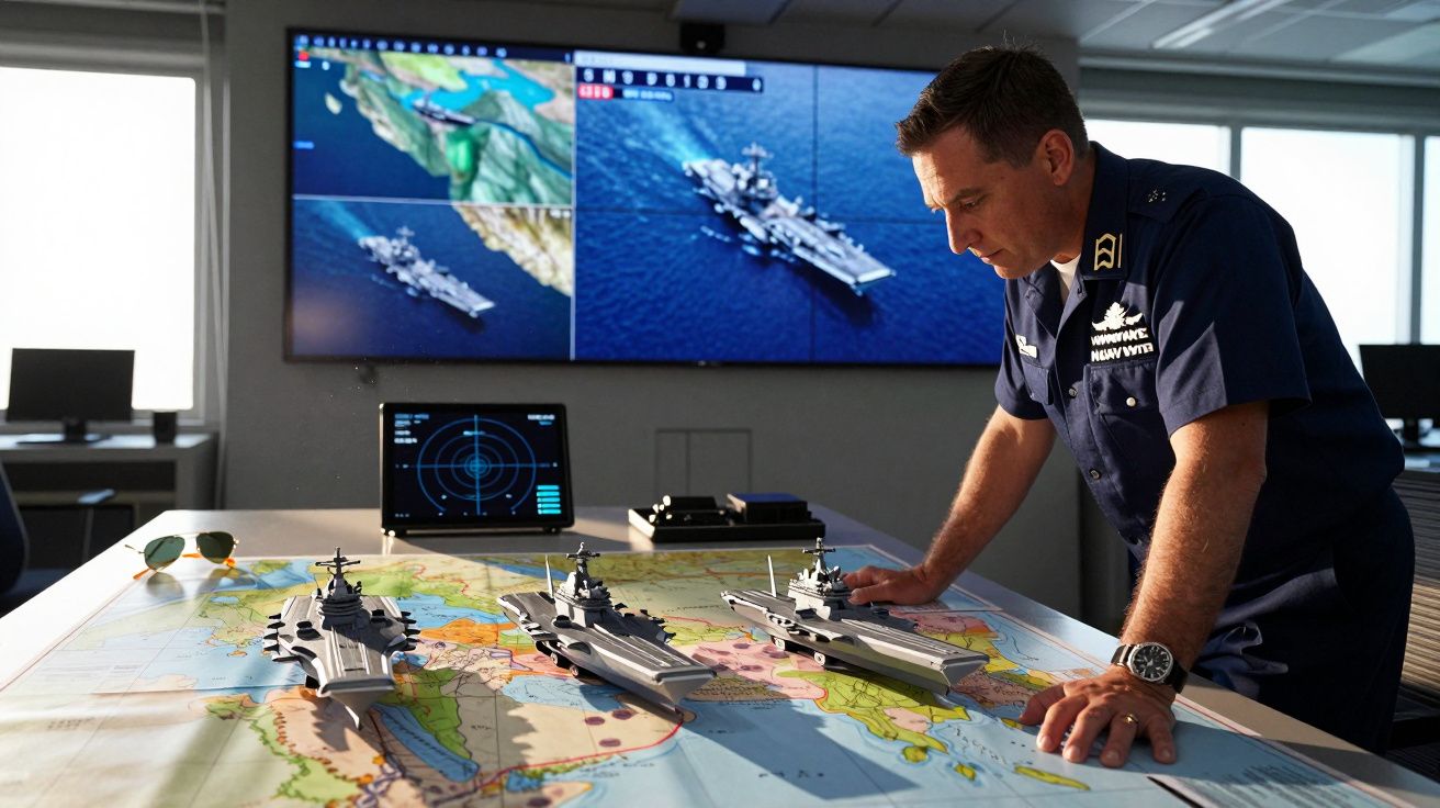 Oficer marynarki wojennej analizujący modele lotniskowców na mapie operacyjnej w centrum dowodzenia.