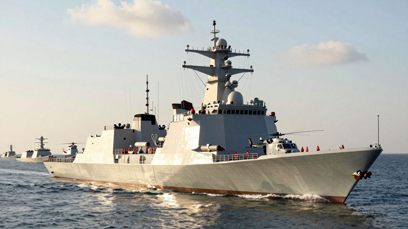 Nowoczesny niszczyciel wojenny płynący po spokojnym morzu podczas słonecznego dnia.