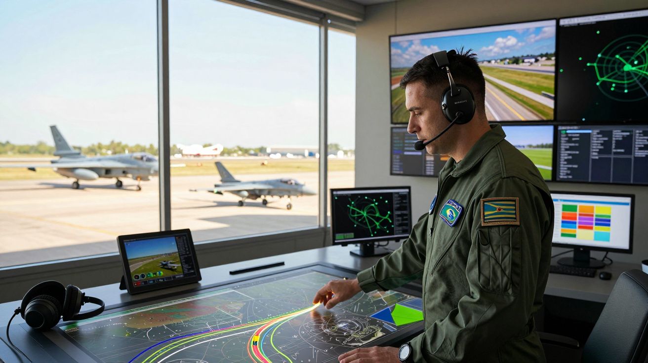 Kontroler lotów w mundurze monitoruje ekran dotykowy i ekrany z widokiem pasów startowych i samolotów.