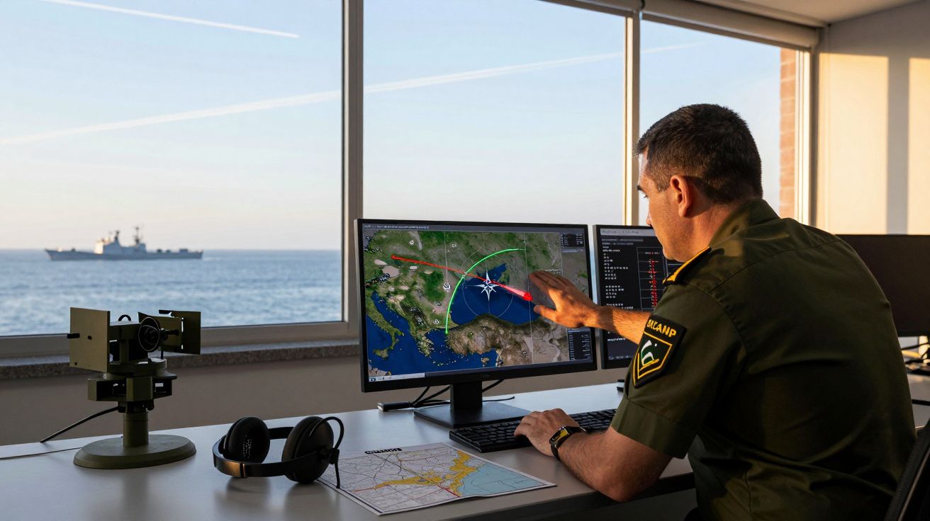 Mężczyzna w mundurze analizuje mapę na monitorze, za oknem widoczny statek wojskowy na morzu.