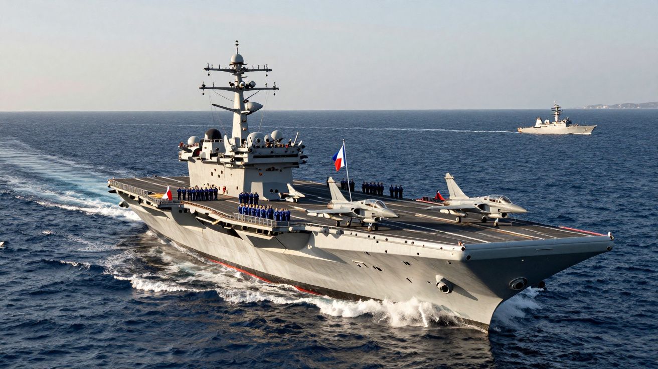 Lotniskowiec wojskowy na morzu z dwoma myśliwcami na pokładzie i załogą stojącą wzdłuż burty.