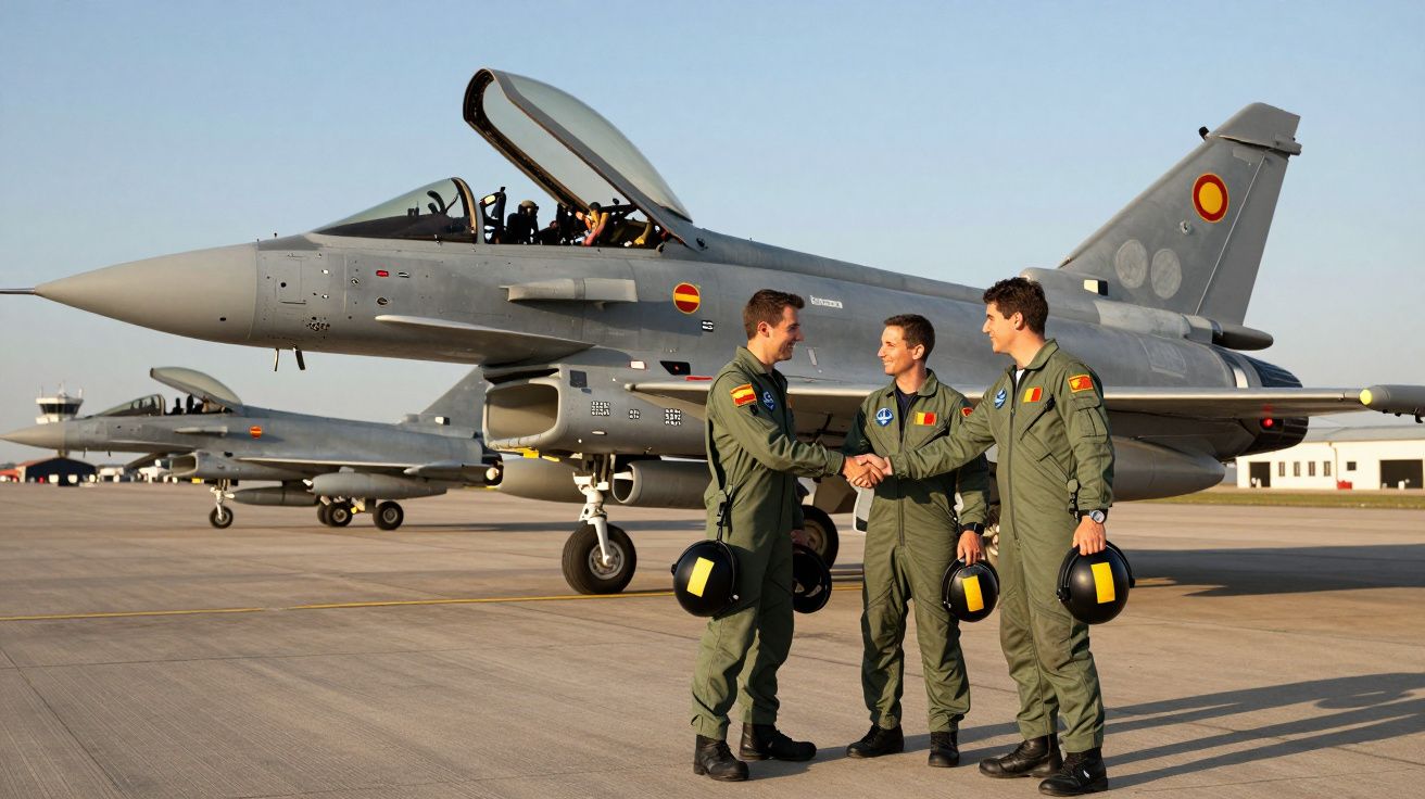 Trzech pilotów w mundurach wojskowych stoi obok myśliwca na pasie startowym podczas zachodu słońca.