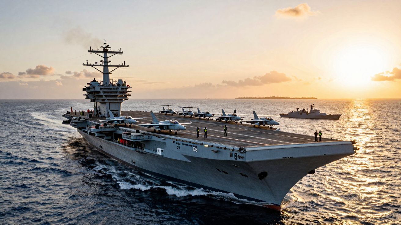Lotniskowiec z samolotami na pokładzie płynie po morzu podczas zachodu słońca, w tle inny statek wojenny.