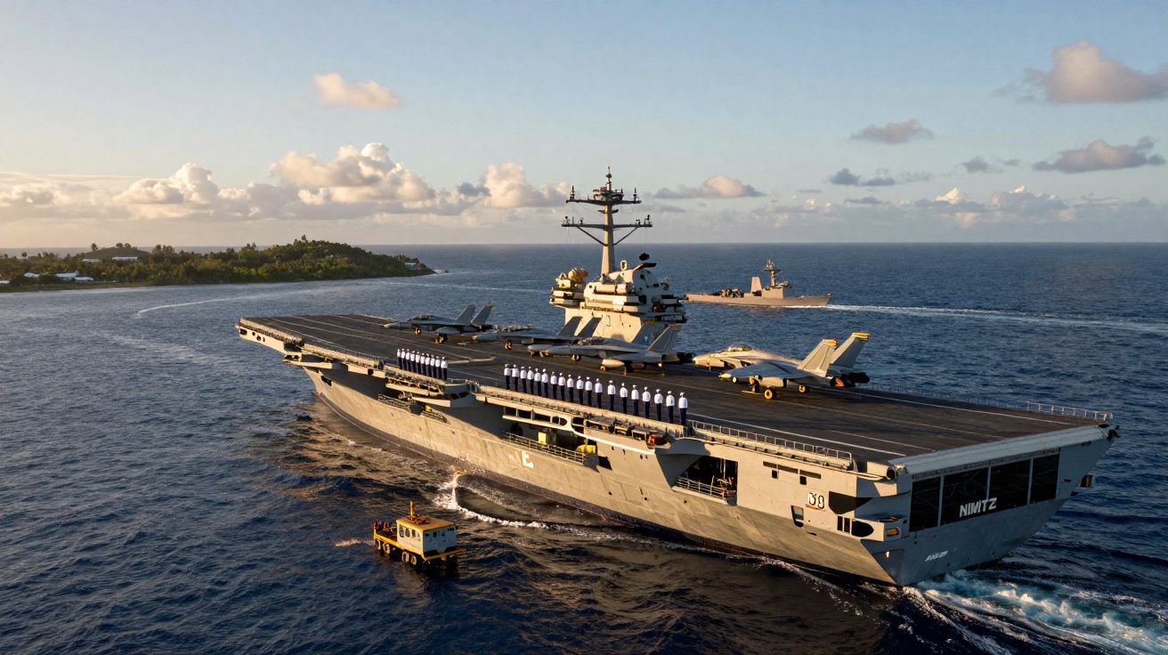 Lotniskowiec USS Nimitz na oceanie z załogą stojącą na pokładzie i samolotami myśliwskimi.