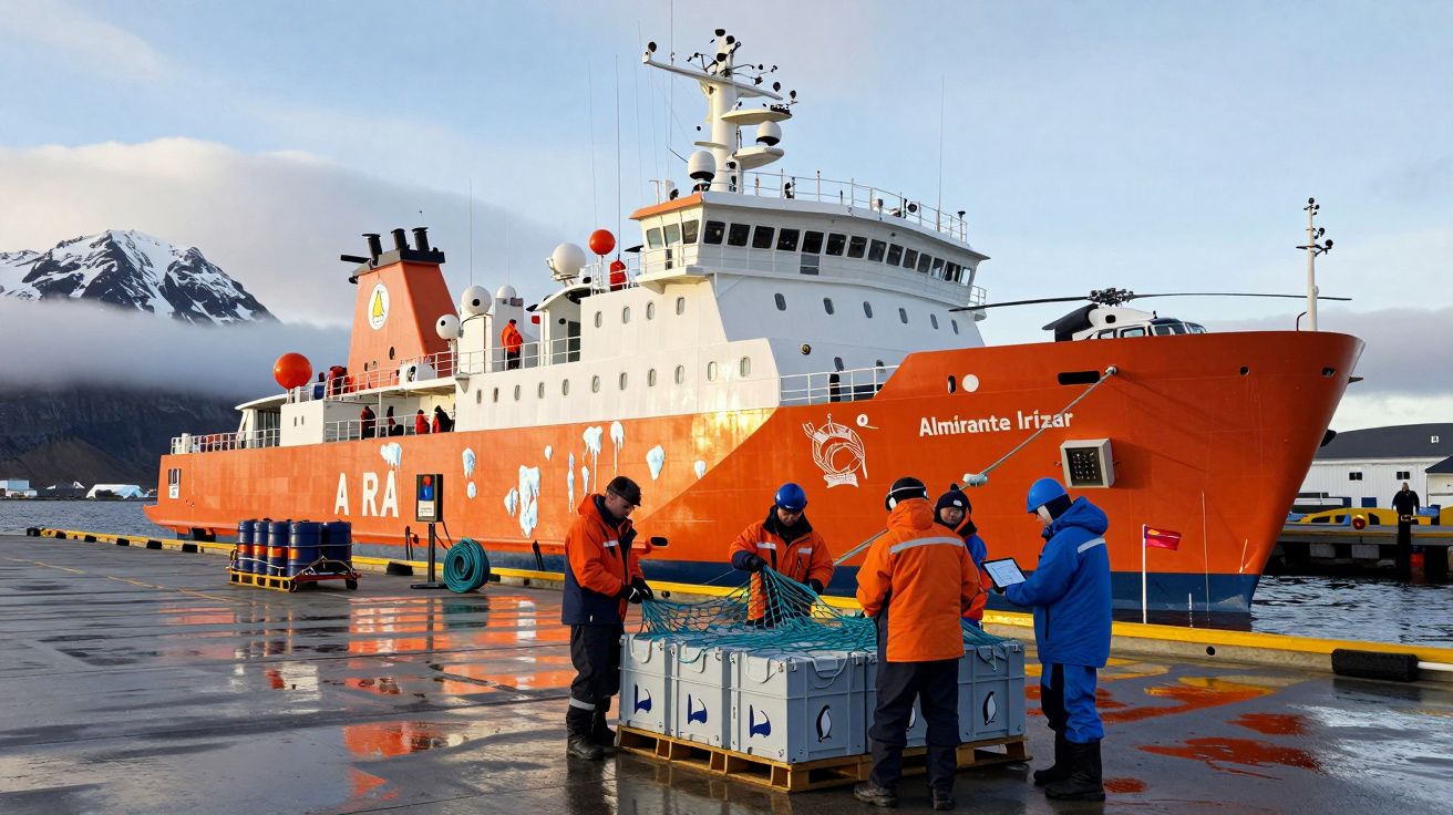 Statek badawczy Almirante Irízar zacumowany w porcie, cztery osoby w kurtkach zimowych przy skrzyniach z wyposażeniem.