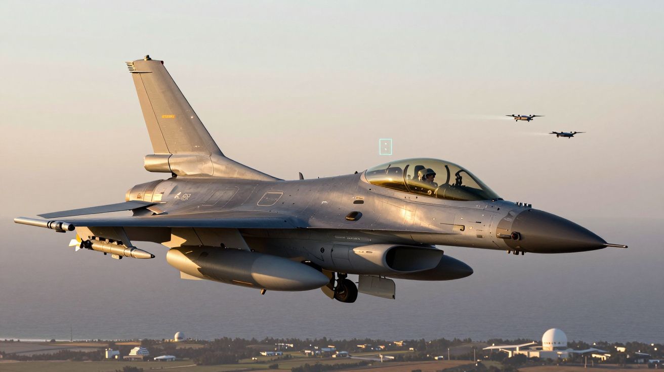 Myśliwiec F-16 w locie, w tle dwa inne samoloty na niebie nad wybrzeżem i budynkami.