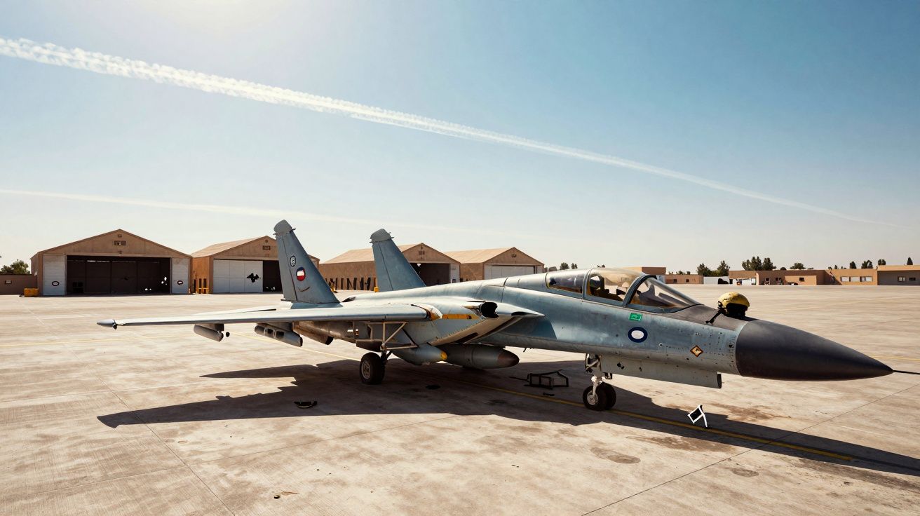 Myśliwiec szturmowy zaparkowany na płycie lotniska wojskowego przy słonecznej pogodzie.