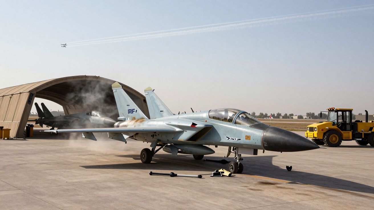 Myśliwiec wojskowy na płycie lotniska z hangarem i pojazdami na tle nieba.