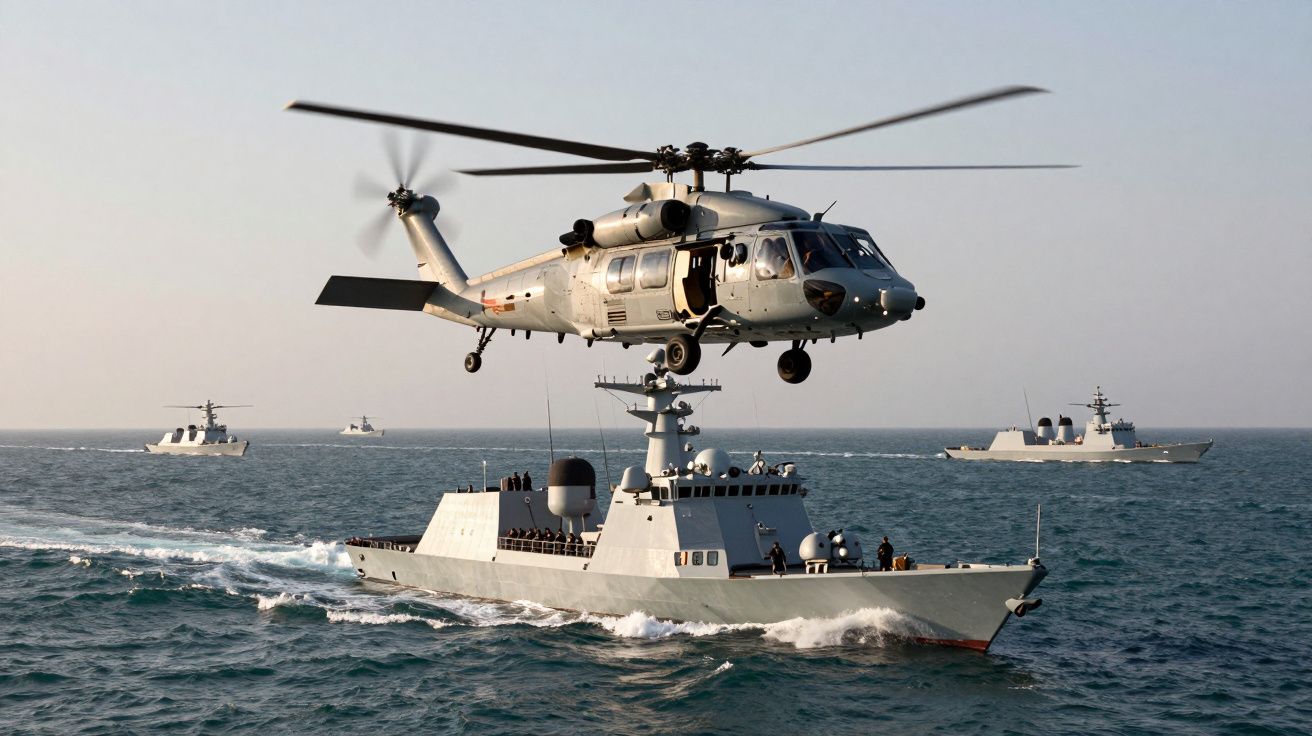 Śmigłowiec unoszący się nad nowoczesnym okrętem wojennym na tle morza z trzema innymi okrętami.