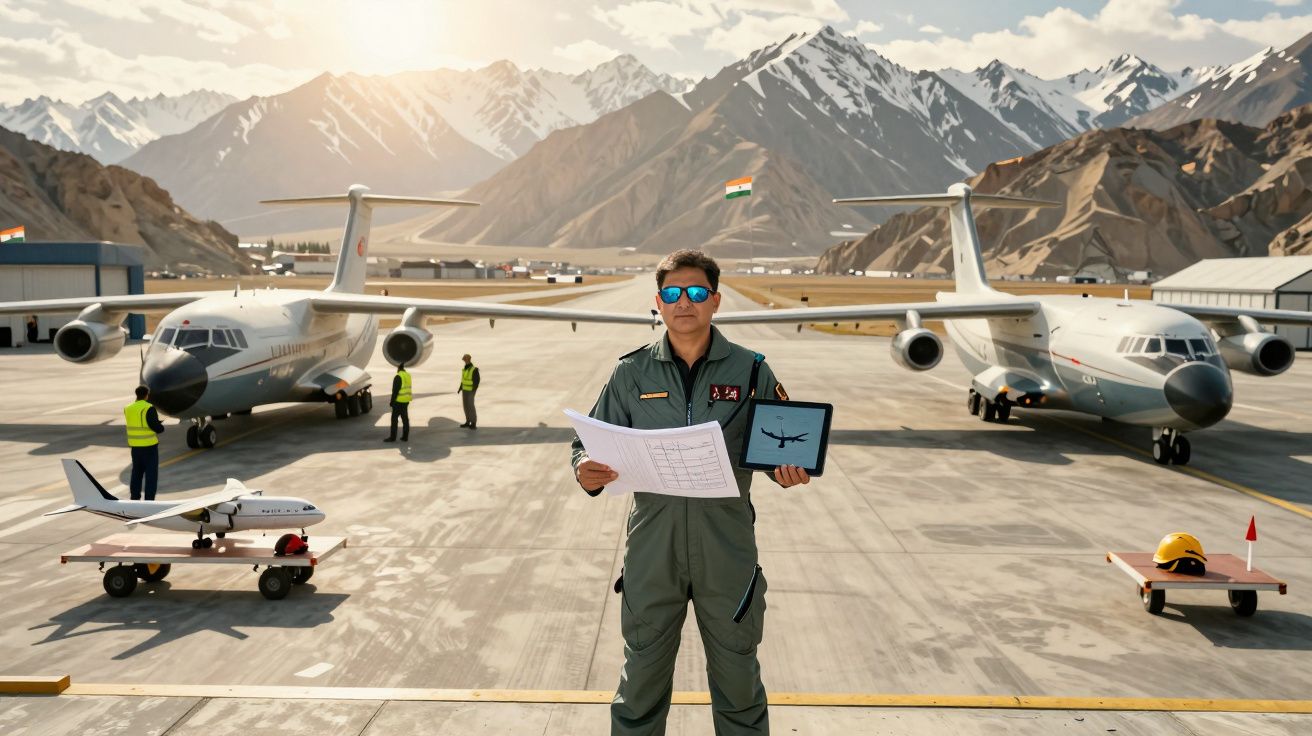 Mężczyzna w mundurze pilota stoi na lotnisku z planem i tabletem, za nim samoloty i górskie krajobrazy.