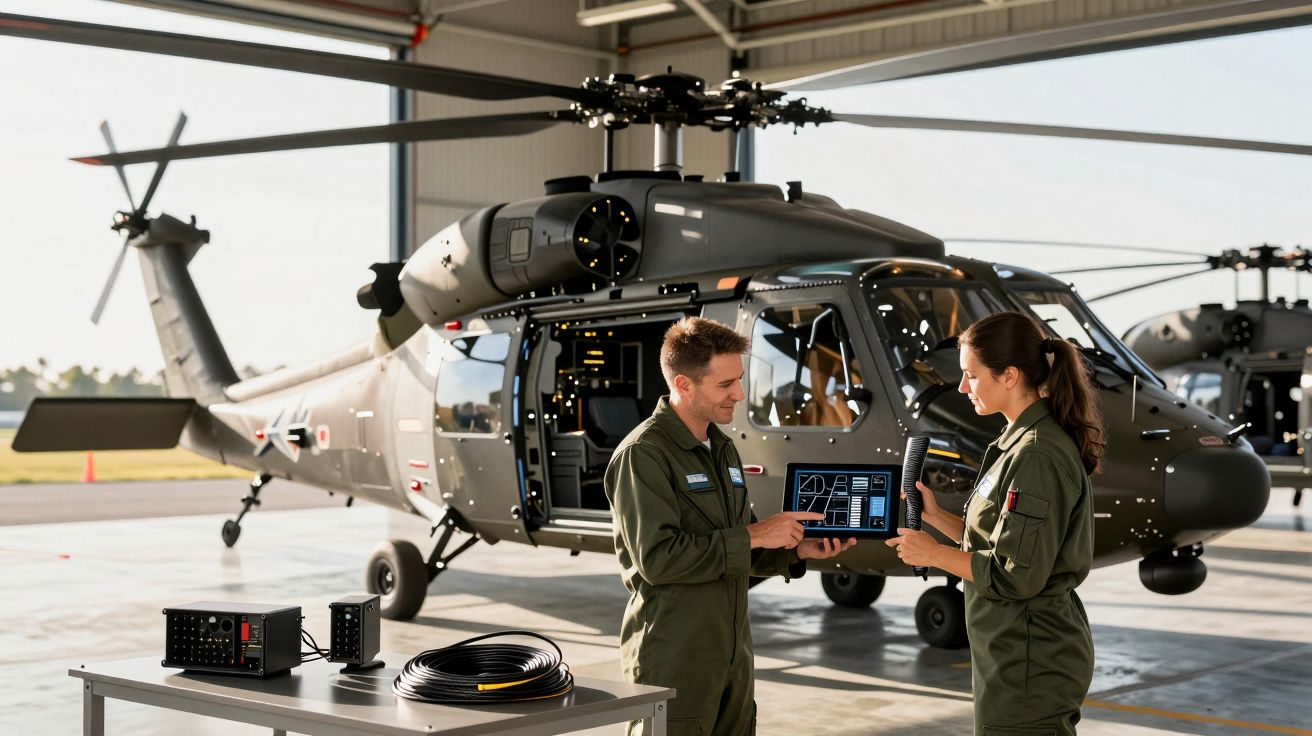 Dwóch wojskowych analizujących dane na tablecie przed szarym helikopterem w hangarze.