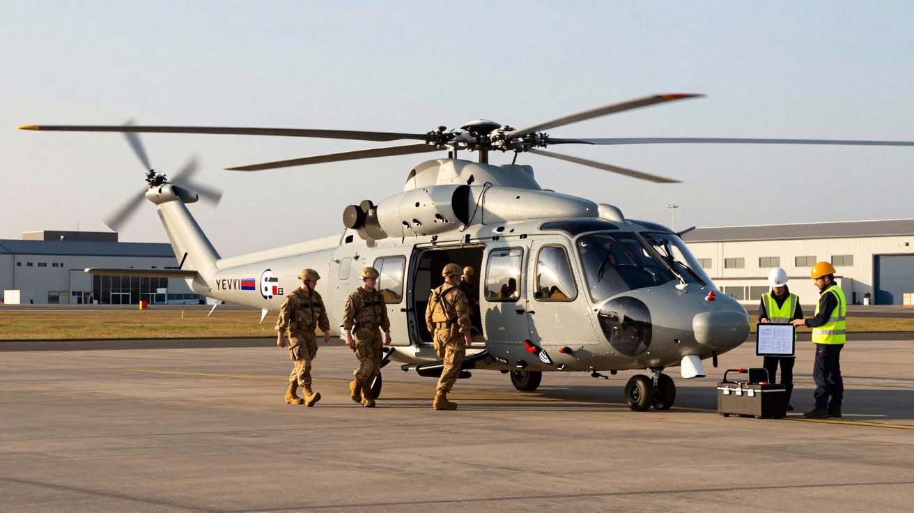 Szary helikopter wojskowy na lotnisku, żołnierze wychodzący, dwie osoby w kamizelkach rozmawiają obok skrzynki.
