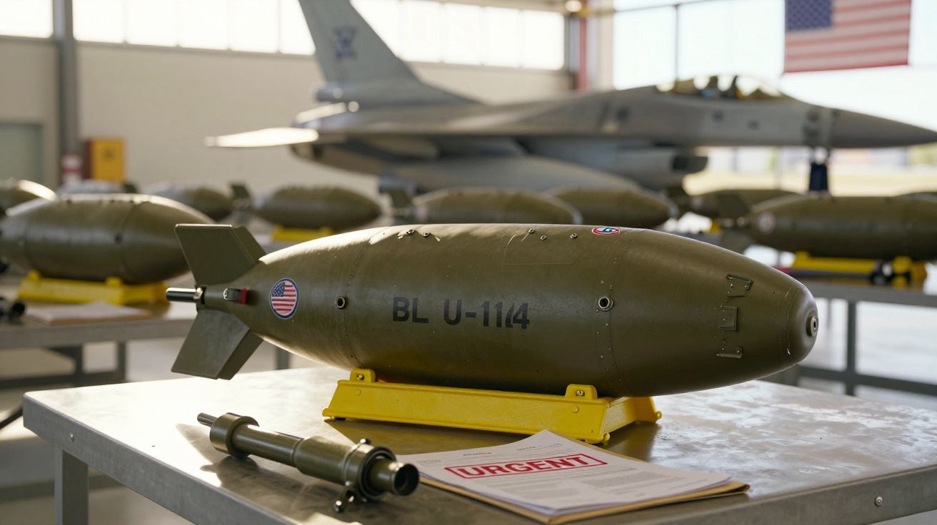 Olbrzymia bomba lotnicza BLU-1144 na stojaku w magazynie z papierami oznaczonymi "Urgent".