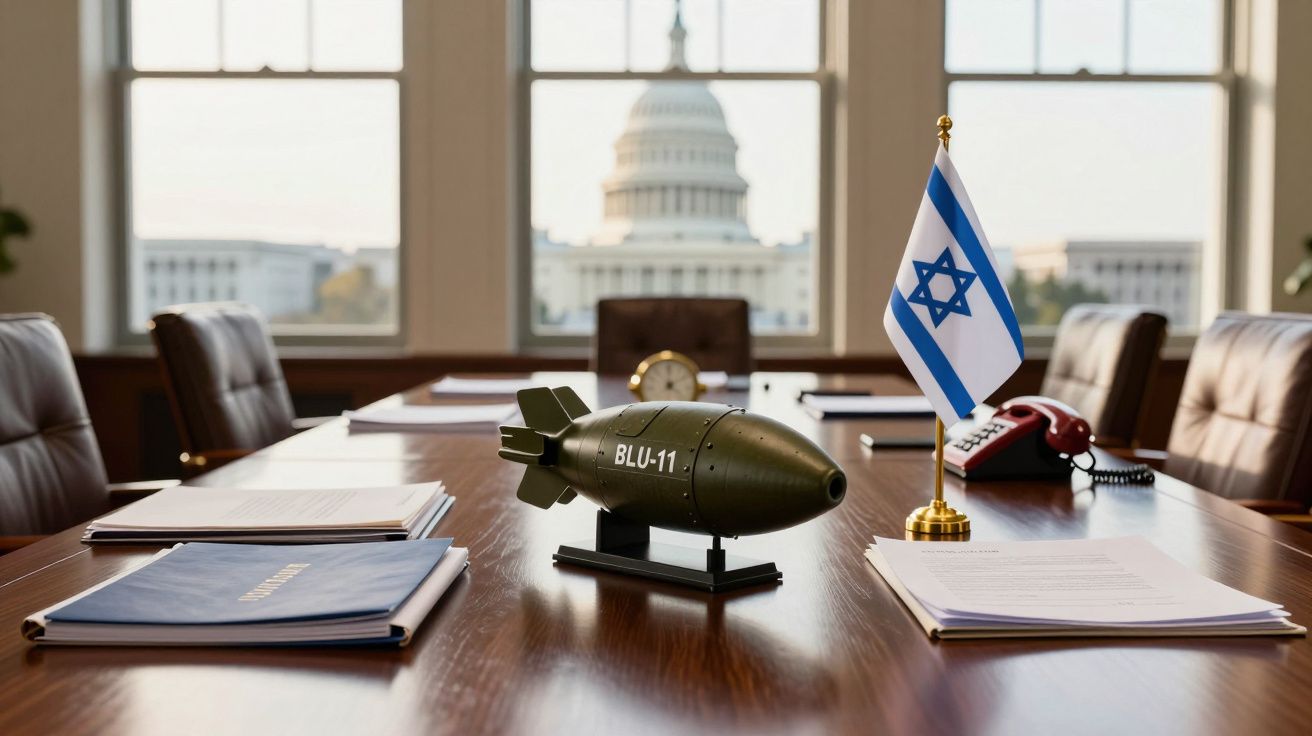 Model bomby BLU-11 na stole konferencyjnym z flagą Izraela, widok na Kapitol przez okno.