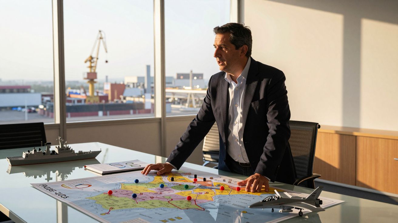 Mężczyzna analizujący mapę z modelami statku i samolotu w nowoczesnym biurze z widokiem na port.