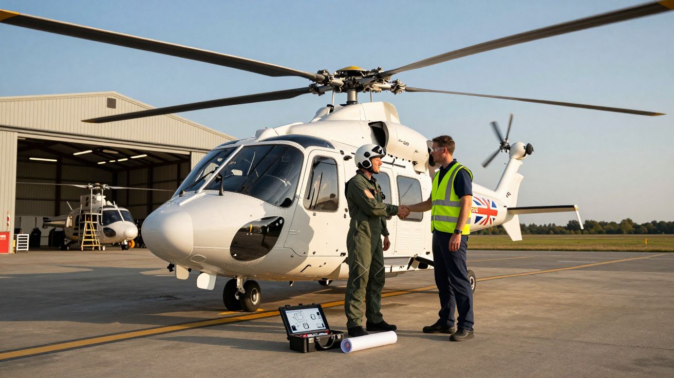 Dwóch mężczyzn wita się obok białego helikoptera z brytyjską flagą na lotnisku.