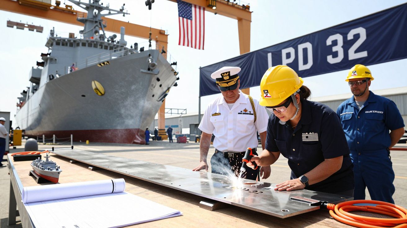 Pracownicy i oficer marynarki spawają metalową tablicę podczas ceremonii przy okręcie LPD 32 na stoczni.