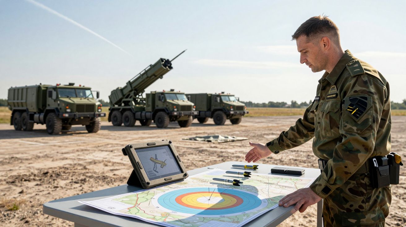 Żołnierz omawia na mapie cele artylerii rakietowej, w tle trzy wojskowe pojazdy z wyrzutniami rakiet.
