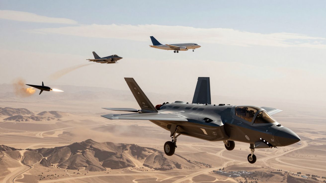 Wojskowe samoloty bojowe i pasażerski lecące nad pustynnym krajobrazem z wystrzeloną rakietą.