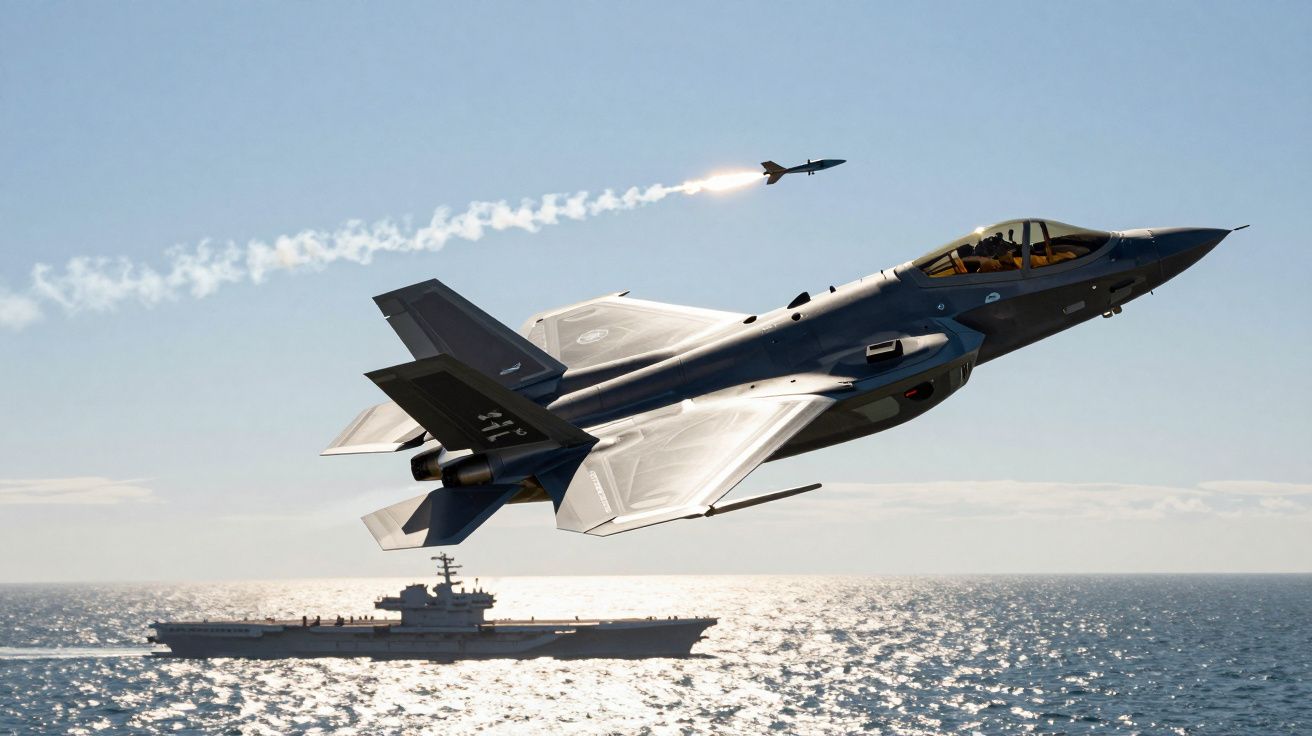 Myśliwiec F-35 nad oceanem wystrzeliwujący rakietę z lotniskowcem w tle.