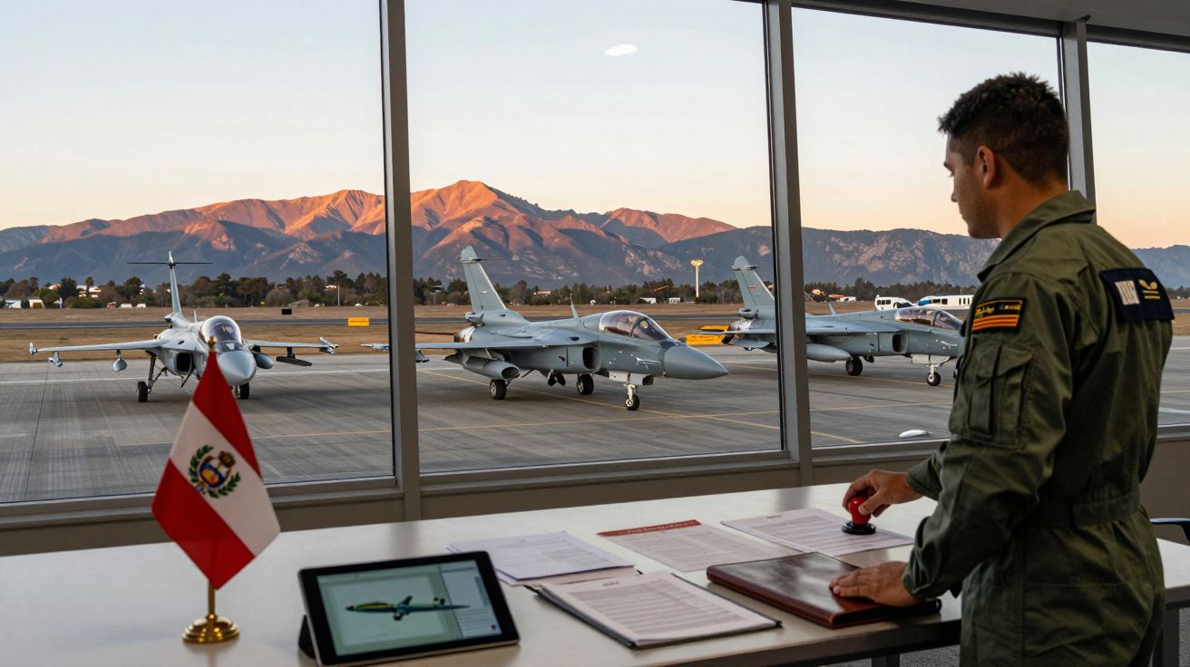 Żołnierz w mundurze z pieczątką przy stole patrzy na myśliwce F-16 na płycie lotniska z widokiem na góry.