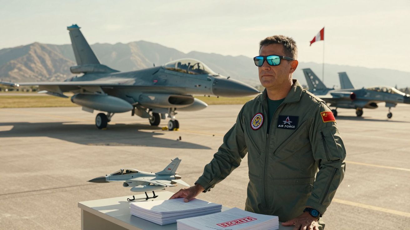 Pilot wojskowy w okularach stojący przy biurku z dokumentami i modelem samolotu na tle myśliwców F-16.