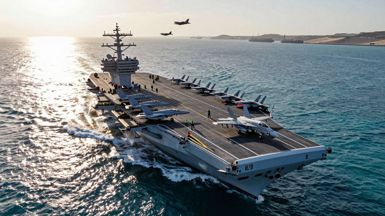 Lotniskowiec wojskowy na morzu z samolotami na pokładzie i dwoma samolotami w locie nad nim.