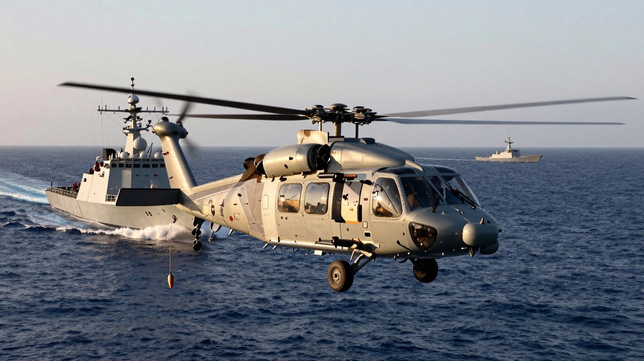 Helikopter wojskowy lecący nad morzem z dwoma okrętami wojennymi w tle.