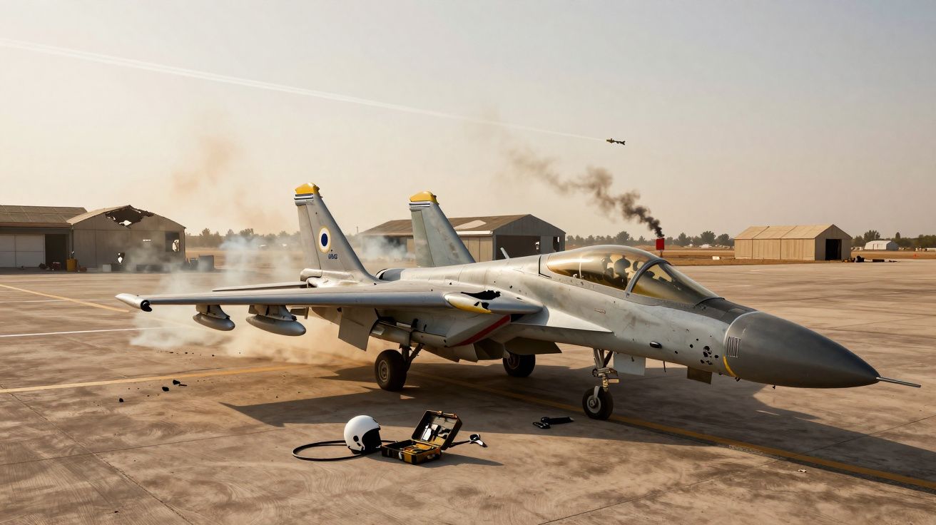 Szary myśliwiec wojskowy stoi na pasie startowym na lotnisku wojskowym.