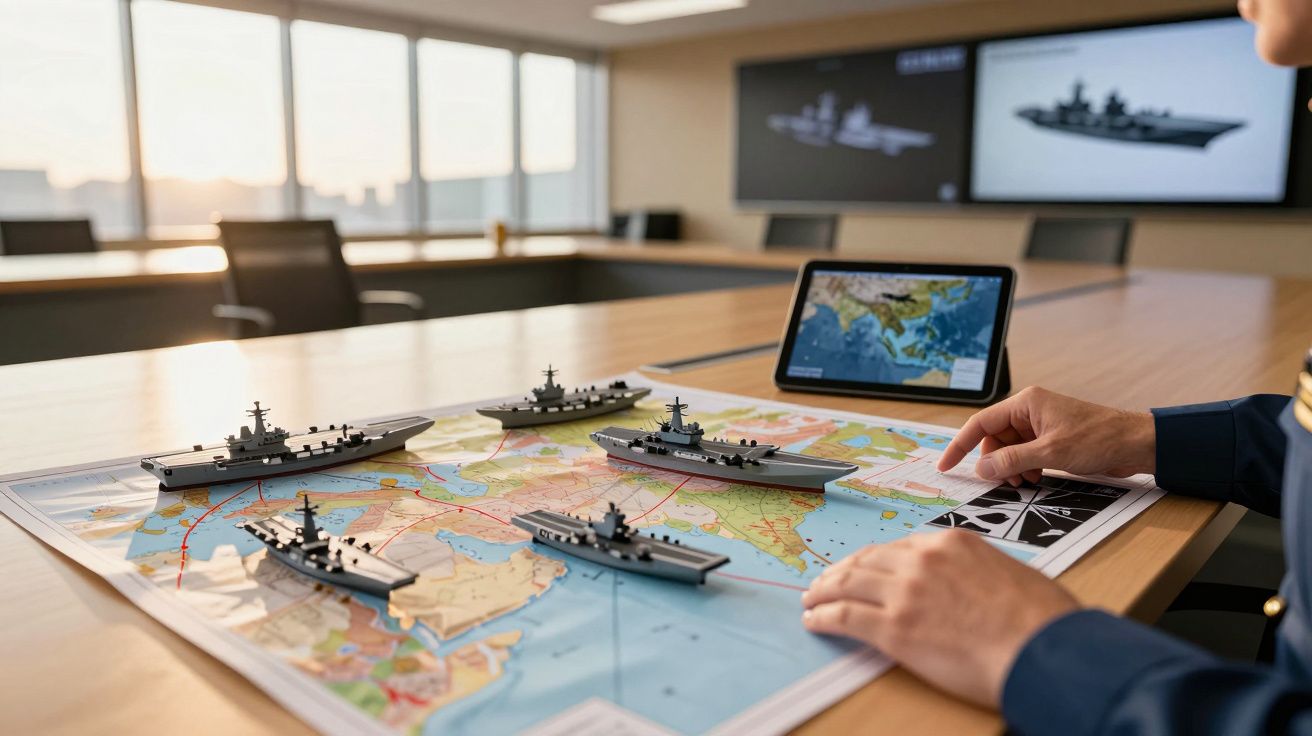 Modelowe okręty wojenne na mapie świata na stole w sali konferencyjnej z osobą analizującą strategię.