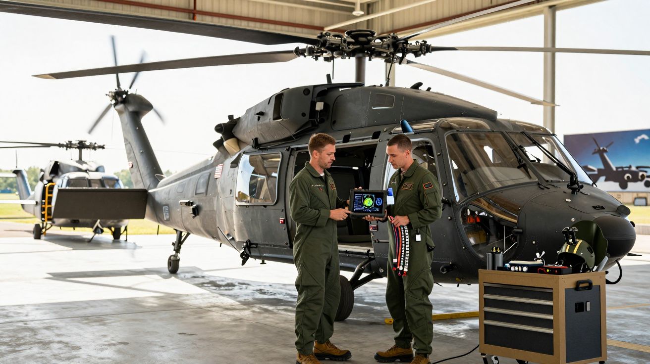 Dwóch techników w mundurach stoi obok czarnego śmigłowca wojskowego w hangarze, trzymając tablet.