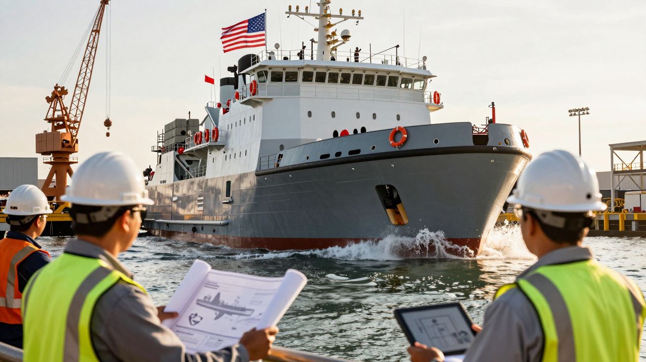 Trzech robotników w kaskach i kamizelkach obserwuje duży statek z flagą USA przy nabrzeżu portowym.