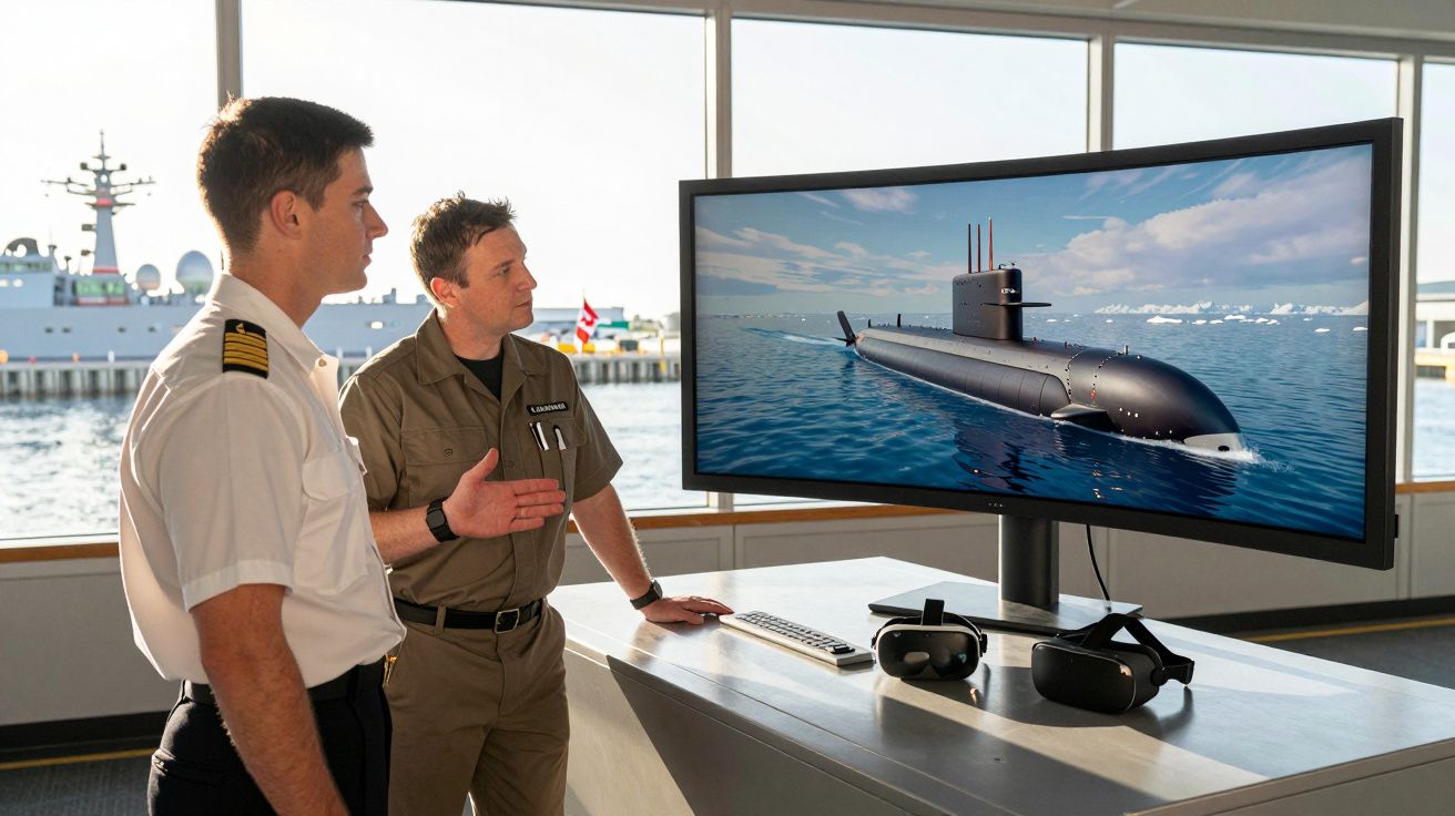 Dwóch marynarzy omawia wizualizację okrętu podwodnego wyświetlaną na dużym ekranie w obszarze portowym.