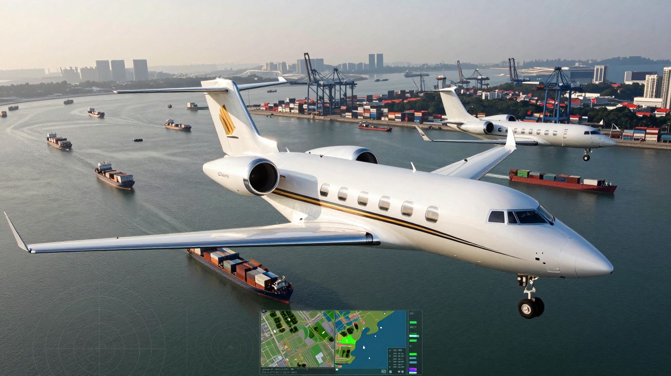 Dwa prywatne odrzutowce nad zatoką z kontenerowcami i portem w tle podczas zachodzącego słońca.