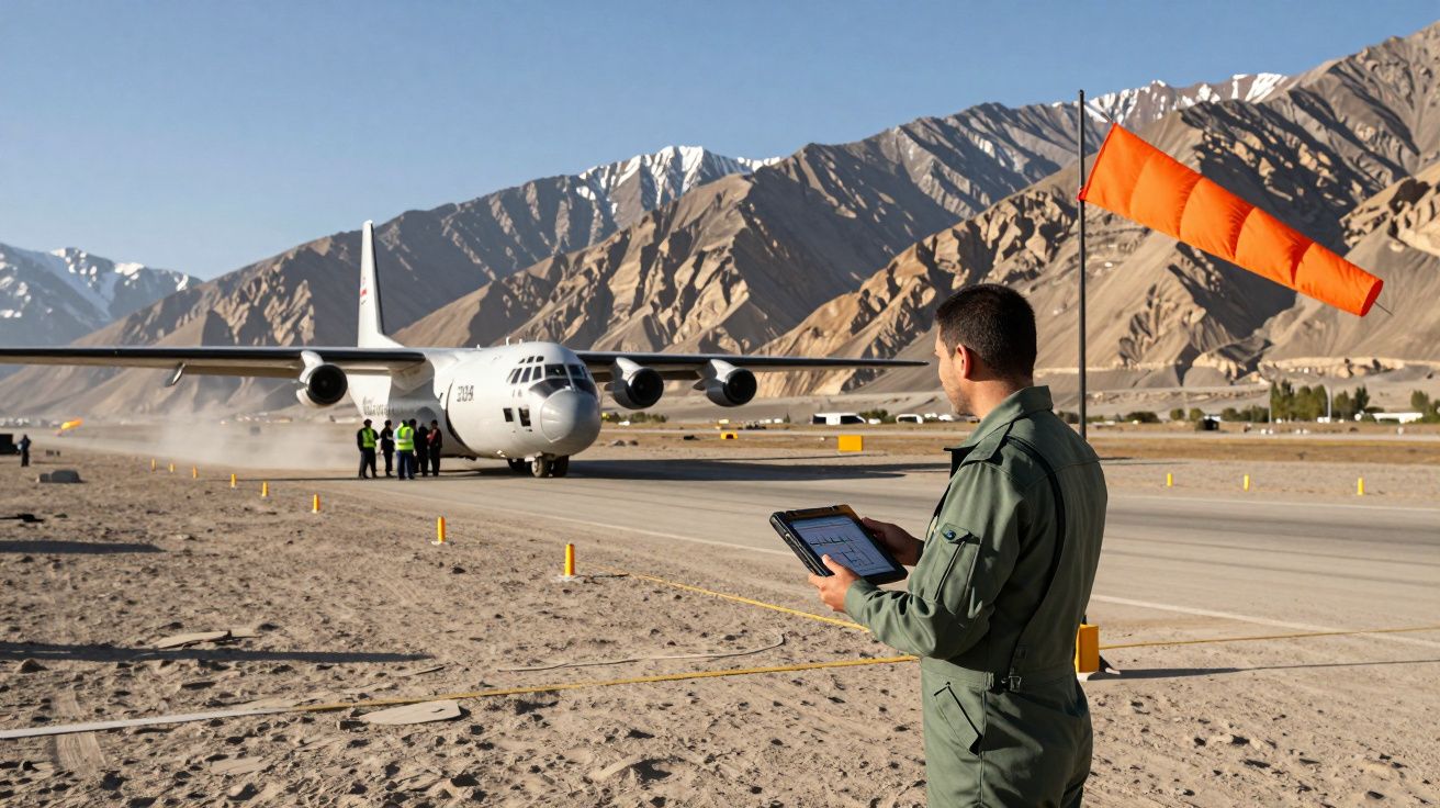 Samolot transportowy na pasie startowym, obok stoi mężczyzna z tabletem i wiatrak na pustynnym tle górskim.
