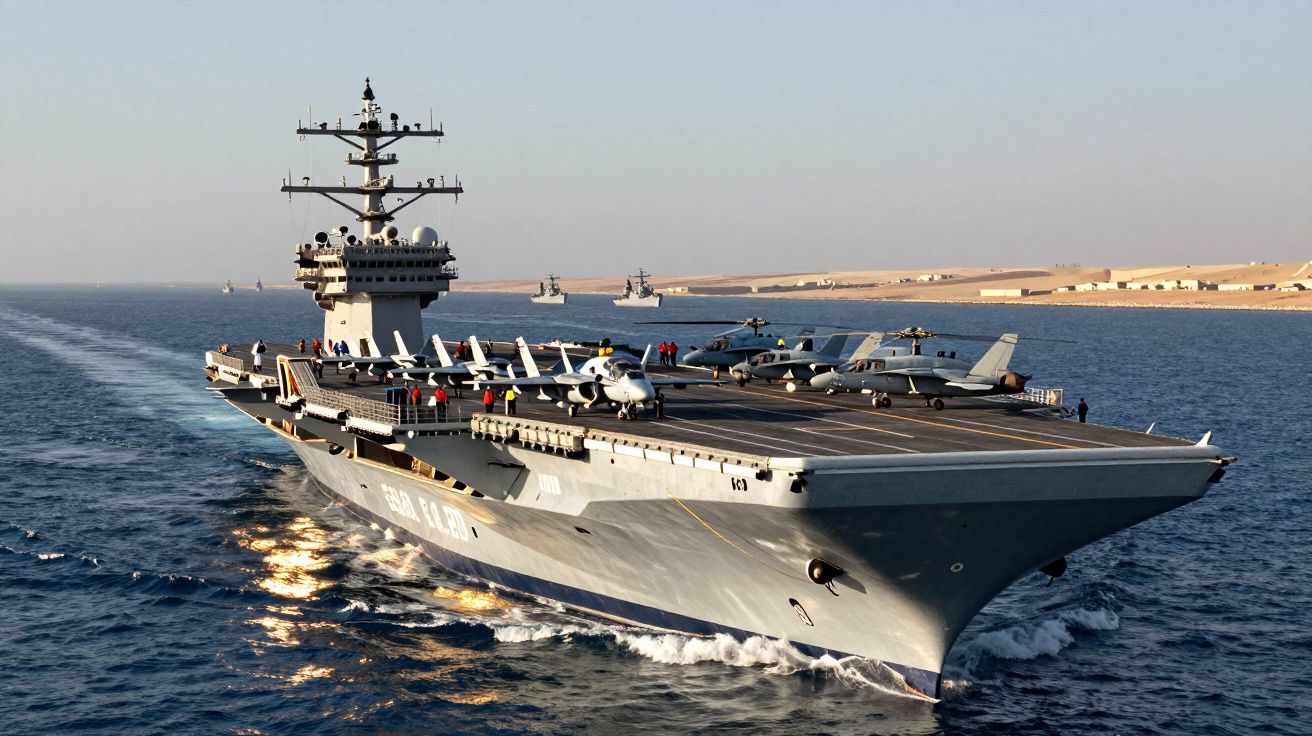 Lotniskowiec z myśliwcami i helikopterami na pokładzie płynie po otwartym morzu.