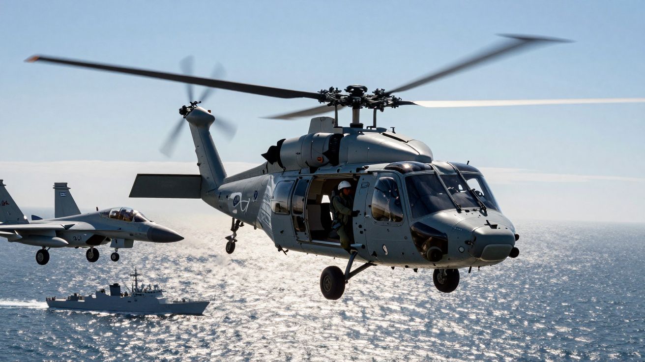 Szary śmigłowiec wojskowy lata nad morzem z myśliwcem i okrętem wojennym w tle.