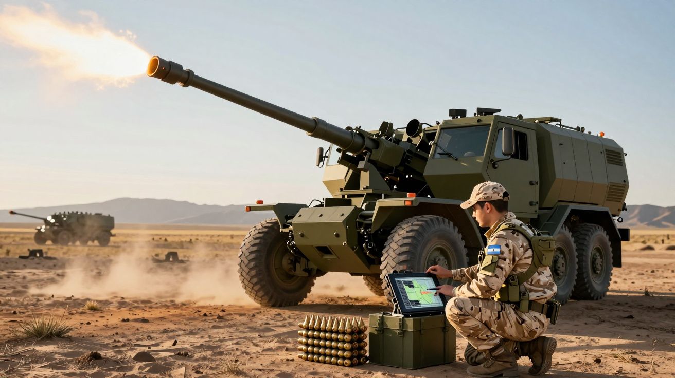 Żołnierz obsługujący nowoczesny samobieżny haubicę podczas ostrzału na pustyni.