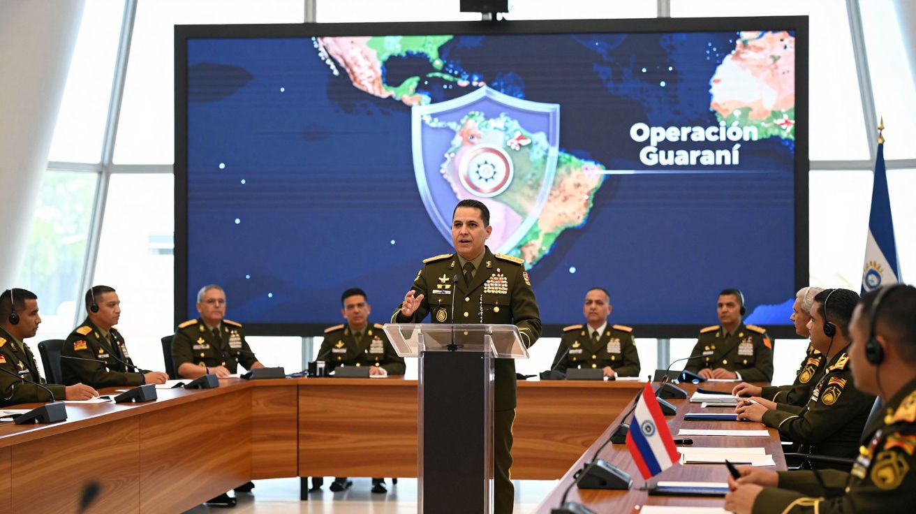 Oficer wojskowy przemawia podczas spotkania z innymi żołnierzami przy stole konferencyjnym.