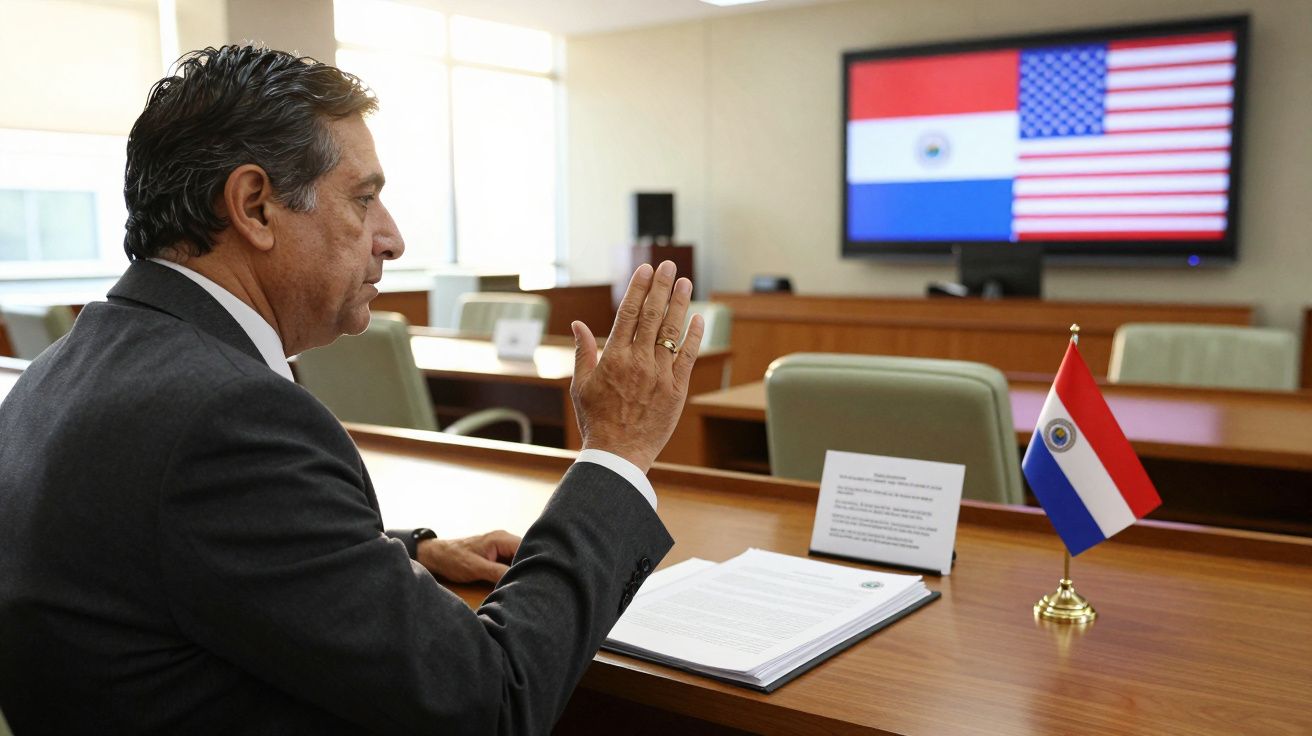 Mężczyzna w garniturze podnosi rękę w sali konferencyjnej z flagą Paragwaju i ekranem z flagami Paragwaju i USA.