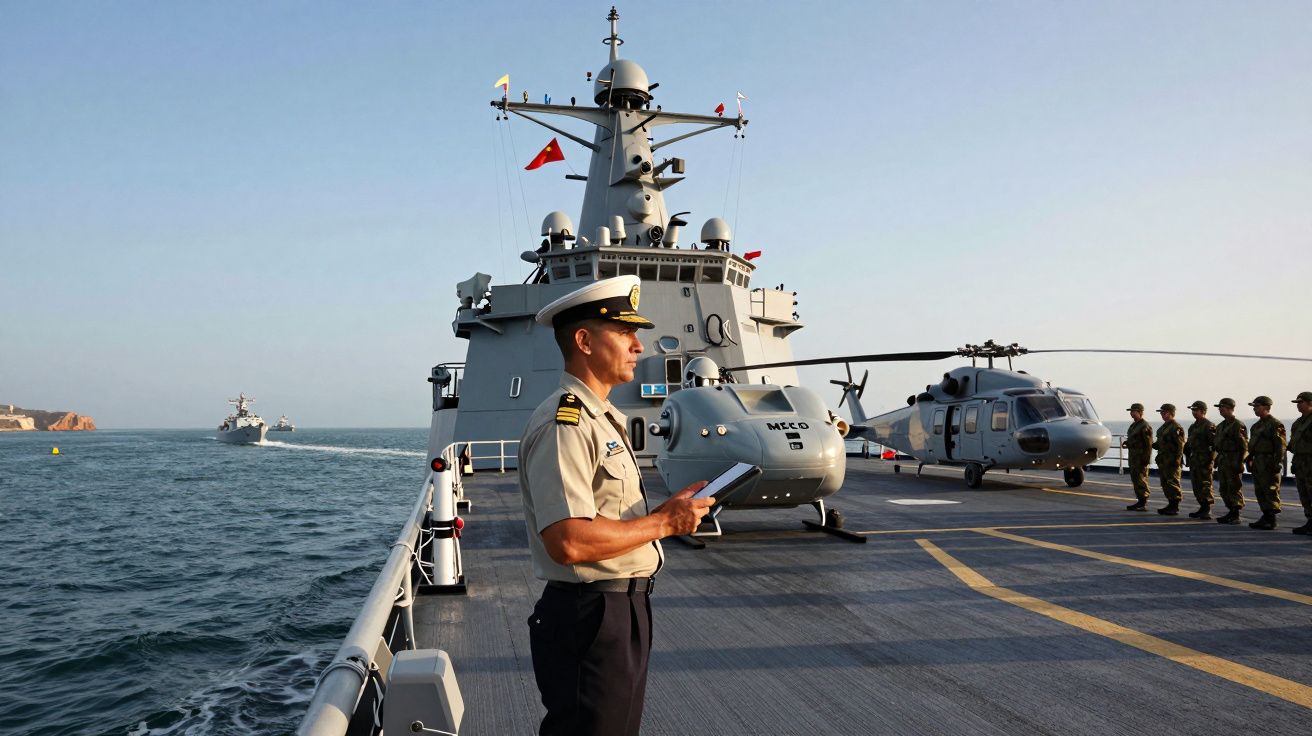 Oficer marynarki wojennej na pokładzie okrętu z helikopterem i szeregiem żołnierzy na tle morza.