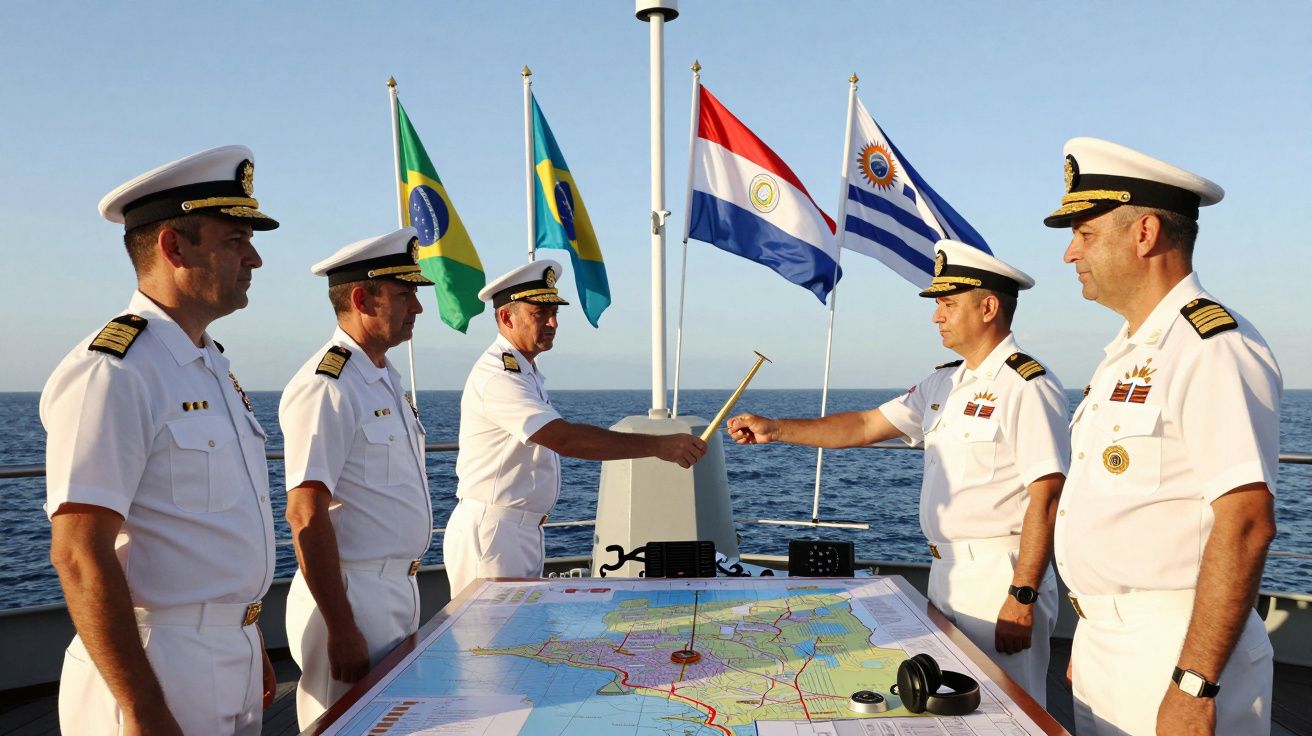 Oficerowie marynarki w mundurach stoją przy stole z mapą na tle morza i flag państw Ameryki Południowej.